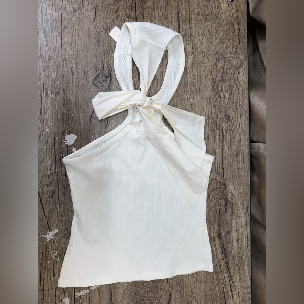 Anthropologie Ivory Ribbed Halter Tank with Neck Tie